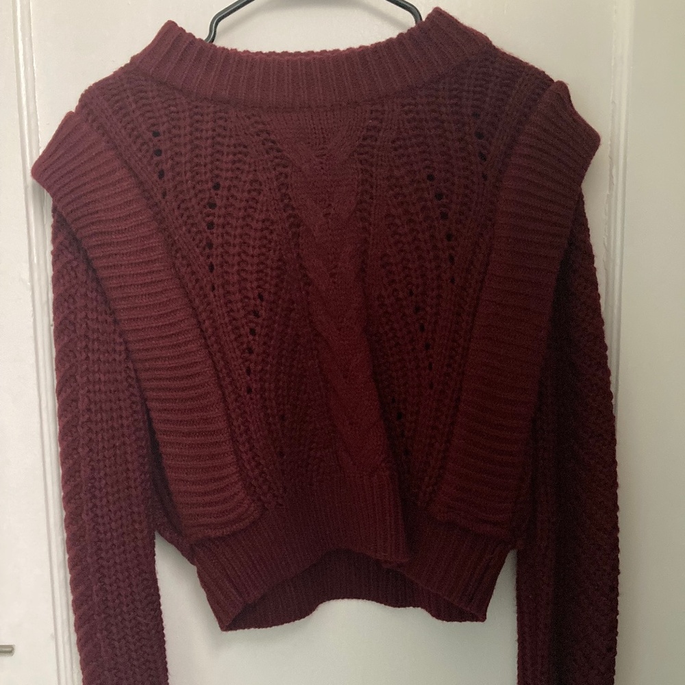 English Factory Wine Cable-Knit Cropped Sweater